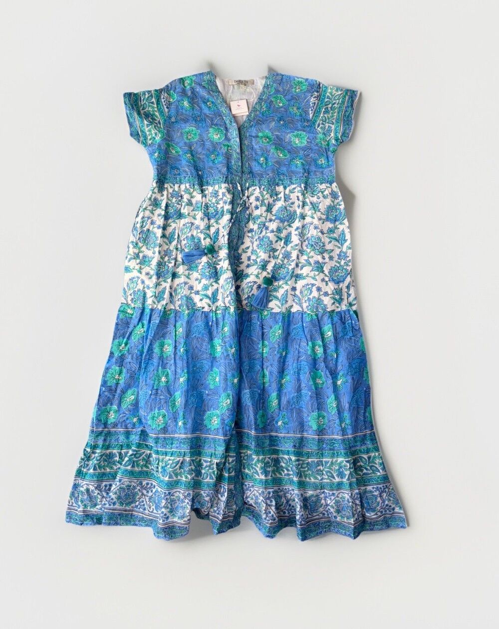 Bella Tu 3XL NWT Blue Green Floral Cotton Tiered Maxi Dress Boho Tassels V-Neck